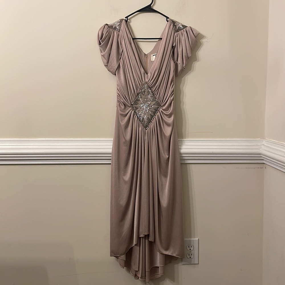 Tadashi 80s Beige Beaded Ruched vintage Dress